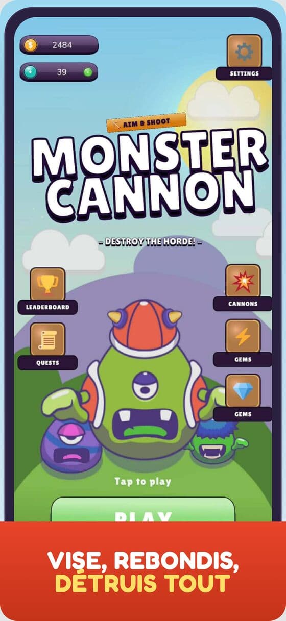 Écran d'accueil de Monster Cannon — détruis la horde