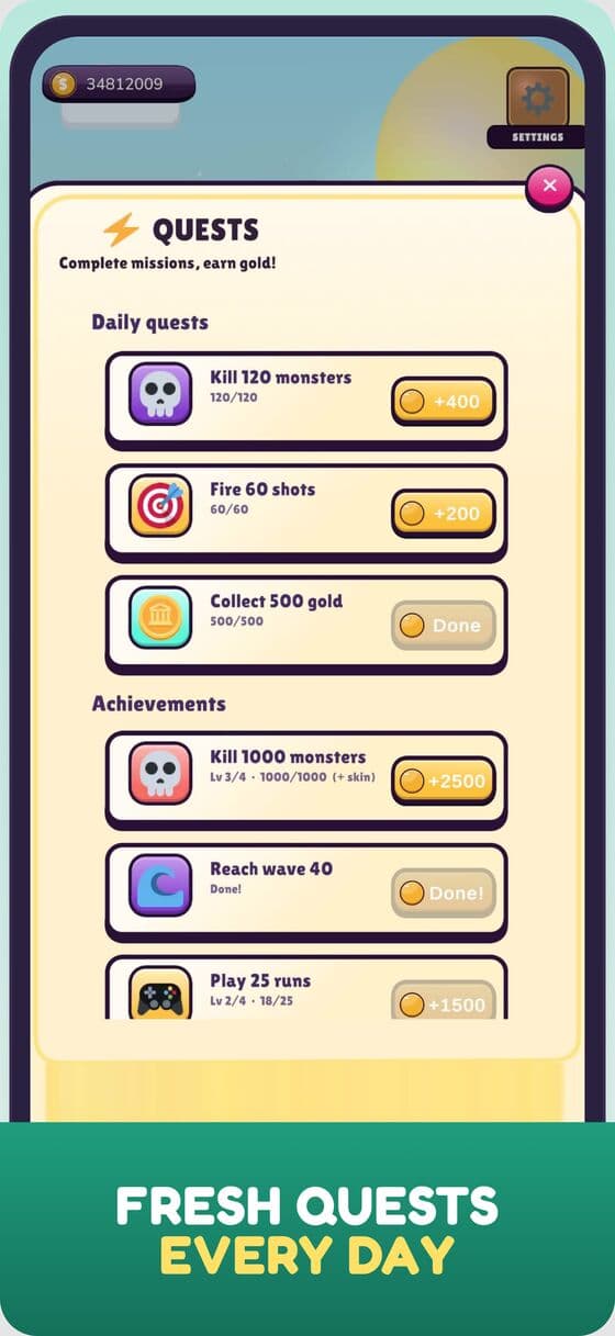 Daily quests and tiered achievements